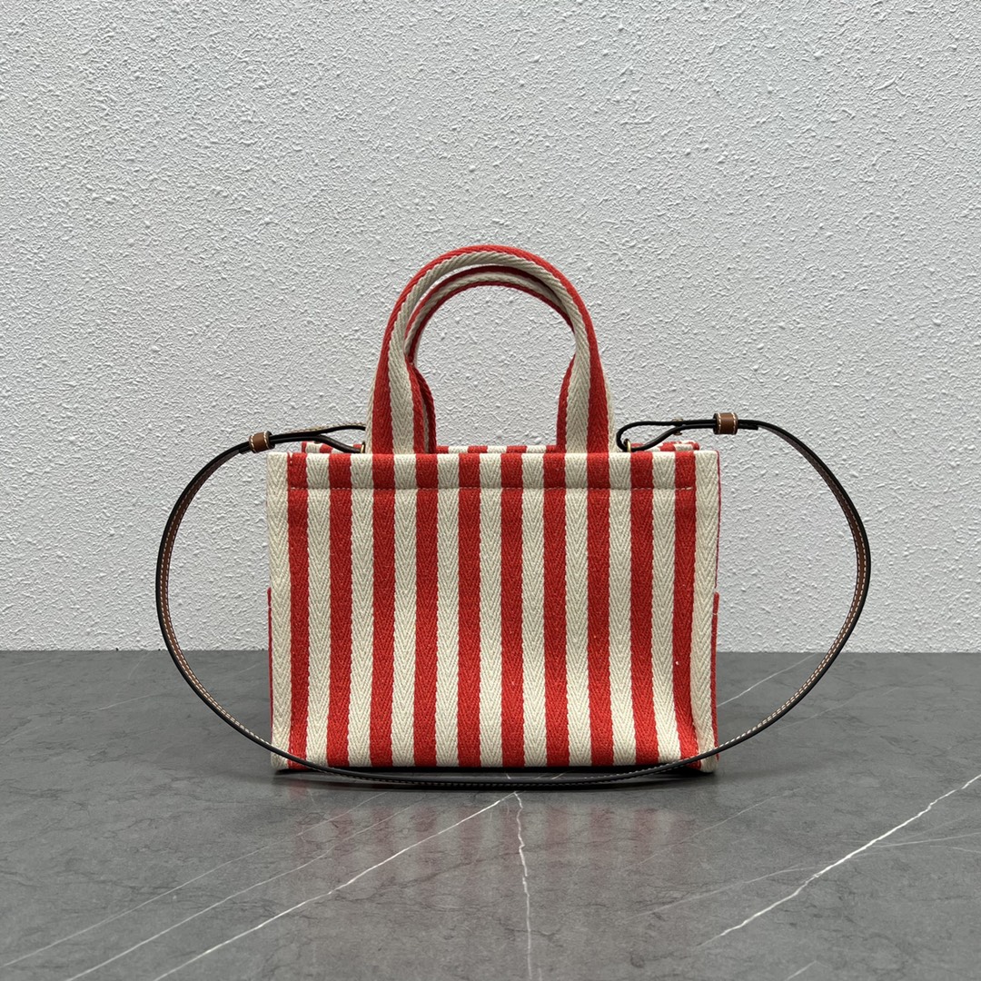 Celine Small Cabas Thais In Striped Textile And Calfskin White/Red 199162